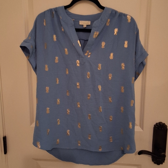 Chenault Tops - Chenault Blue Blouse with Gold Pineapple Print